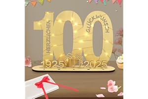 Seutgjie Decoración para 100 cumpleaños, mujeres y hombres, 1925-2025, regalo de dinero con cadena de luces LED, pajarita y papel de regalo para aniversario, boda, decoración de mesa, cartel de madera