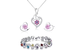 findout love heart jewellery set silver necklace silver earrings silver bracelets Amethyst red pink blue white Crystal Heart Silver pendant Necklace + stud earrings sets gift for women girls with jewellery box silver chain