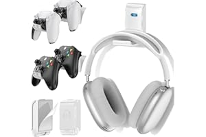 KYTOK Support de Manette et Casque, Support Universel Murale pour Manettes Xbox/PS5/PS4/Nintendo Switch, Organisateur de 4 Accessoires Gaming avec Porte-Casque PliableBlanc, 2 Paquets