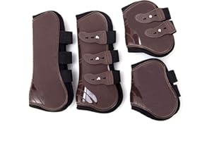 Merauno® Horse Gaiters Set of 4 Tendon Protectors Fetlock Horse Jumping Protection Front Rear Pair Robust Elastic PU Shell Neoprene Button Closure 2 Pairs for Men and Women (L(WB), Brown)