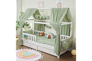 ALAVYA HOME® Hausbett Himmel Deko Set 3-TLG – 2 Betthimmel + Wimpelkette, GOTS Bio-Musselin Baumwolle, Kinderzimmer Himmel für Mädchen & Jungen, 125x350cm, Khaki