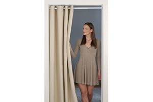 tinycurtains, tenda per porta o armadio con asta telescopica, facile da installare in 1 solo minuto senza forare (tenda beige + asta bianca, larghezza porta 70-120 cm)