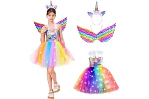 ZUCOS Costume da bambina a forma di unicorno, con luci tutù, vestito da principessa, per compleanno,
