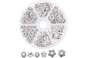 PH PandaHall 1 Box 6 Different Shape Tibetan Style Alloy Flower Bead Ends Caps for Jewellery Making, Antique Silver