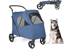 AESRAOU Large Dog Travel Stroller with 4 Heavy Duty Wheels Pet Stroller with Adjustable Handle - Double Doggie Capacity Jogger Wagon with Back Front Door for Small Medium Large Dogs (Navy)