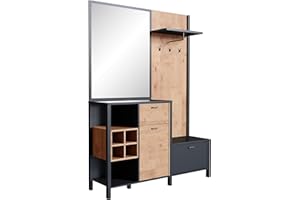 NEWFURN Garderobe Set mit Schublade Anthrazit Wildeiche Flurgarderoben Set Modern Industrial - 144,5x200x40,2 cm (BxHxT) - Kompaktgarderobe Holz Garderobe Komplett Garderobenset Flur Diele - [Cluster]
