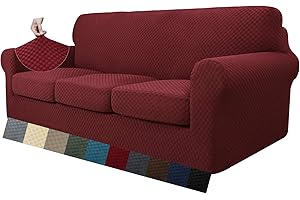 MAXIJIN 4 Piece Newest Jacquard Extra Large Couch Covers for 3 Seater Super Stretch Non Slip Couch Cover for Dogs Pet Friendly Sofa Slipcover Furniture Protector (4 Seater, Wine Red)