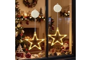 CNMTCCO LED Sterne Weihnachtsbeleuchtung, 2 Stück 10 LED Lichtervorhang mit Saugnäpfe, Timer, Batteriebetriebene, Fenster Lichterkette Lnnen für Weihnachten Deko,Party,Hochzeit,Balkon(Warmweiß)
