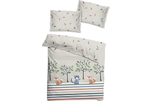 Soma Renforcé Baby Wende Bettwäsche 100x135 cm Waldtiere Blätter beige bunt