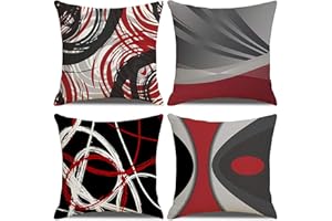 KSSKEN Federe Cuscini Divano 45x45cm, 4 Pack Rosso Nero Geometrica Moderni Fodere Cuscino per Divano Cotone Biancheria Decorativi Copricuscini per Divano Soggiorno Sedia Letto