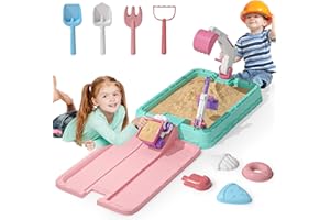 KIZJORYA Sandbox Sand Pit with Lid, Kids Construction Sand Box with Excavator, Crane, Outdoor Activity Sensory Play 8PCS Beach Accessories Toys, Toddler Outdoor Indoor SandPit Toys for Girls Ages 3+ (Pink)