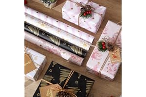 BSEICAL Juego de 4 rollos de papel de regalo navideño, rollo de papel de regalo dorado, papel de regalo para Navidad con etiquetas adhesivas y cordones de papel, 43 * 300 cm