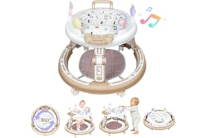 BanaThae 360°Rotating Seat Baby Walker for Boys Girls 6 Months 1 Year olds, Assembly-Free Music Walkers for Babies with Foldable Adjustable Height, Soft-Grip Toys(Khaki)