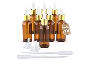 LG Luxury & Grace Pack 8 Contagocce Vetro, 50 ml. Bottiglie Ambrato. Pipetta Bianca Dosatrice in Vetro. Tappo a Vite Dorato. Flaconi Ricaricabili: Aromaterapia, Olio, Laboratorio.