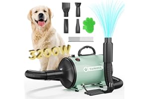 TAIKOUL Pulseur Chien,Sèche-Cheveux pour Chien- Très Silencieux - Moteur 4,5 CV / 3200 W - Vitesse réglable - Souffleur Chien avec 4 Buses Différentes,Professionnel Souffleur de toilettage pour Chien