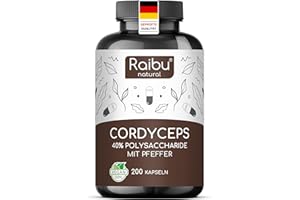 ‎RAIBU Raibu Cordyceps Kapseln - 200 Kapseln - 21000 mg Pilz-Extrakt pro Tagesdosis (10:1) - 40% Polysaccharide - Cordyceps Sinensis mit schwarzem Pfeffer
