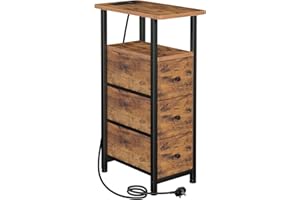 LOAKEKEL Slim Bedside Table with Charging Station, Narrow Side Table with 3 Fabric Drawers, Small End Table with Open Storage Shelf, Nightstand for Small Spaces, Living Room, Brown UHETNDP03PBR-1