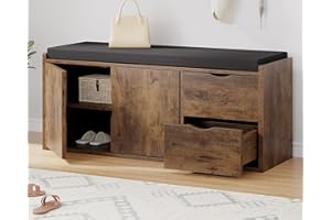 LVB Entryway Shoe Bench, Rustic Storage Bench with Cushioned Seat, Long Hidden Shoe Organizer Bench with 2 Drawers, Industrial Wooden Shoe Benchs in Hallway Living Room Bedroom, Rustic Brown, 100 CM