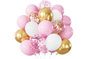 Adeyoo Pink and Gold Balloons - 12 Inch Baby Pink White Balloons Shiny Metallic Gold Balloon Glitter Confetti Latex Balloon for Girl Women Princess Christening Baby Shower Birthday Party Decorations