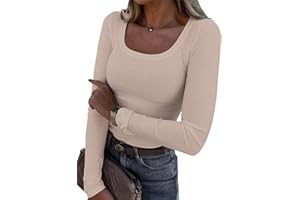 RIROW Damen Langarmshirt U-Ausschnitt Slim Fit Rippstrick Oberteil - Langarm Tee Shirt
