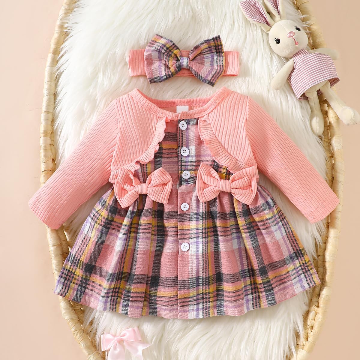 Conjunto de 2 piezas de vestido a cuadros rosa de manga larga para bebé, cárdigan sintético, conjunto de 2 piezas, ropa de regalo para primavera y otoño
