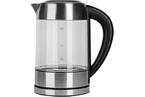 ADLER AD-1247 Hervidor de agua eléctrico cristal 1,7 litros, Regulador de Temperatura de 60 a 100 °C, resistencia oculta, 2200 W, apagado automático, inalámbrico 360º sin cable