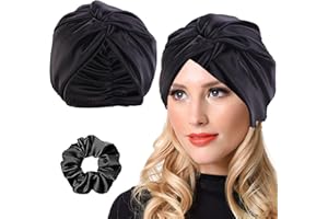 Juimtien Kreuz Schlafmütze aus Satin Haar Mütze Mädchen Seidenmütze,Damen Mütze Schlafhaube Große Satin Haarhaube Doppellagig Verstellbare schlafhaube Haare schützen（schwarz）