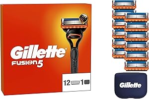 Gillette Recharges De Rasoir Fusion5 Pour Hommes, Pack De 12, AUTHENTIQUES, Cartouches Avec Bande Lubrifiante Et 5 Lames Pour Un Rasage Manuel Efficace, Compatibles Avec Les Manches De La Série Fusion