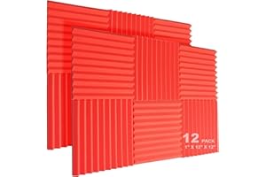 JBER 12 Stück Akustikschaumstoff Akustikschaumplatten, 2,5 cm x 30,5 cm x 30,5 cm Studioschalldichter Keilförmiger feuerfester Schallschutzauskleidung(Rot) Akustikschaumstoff (Rot)