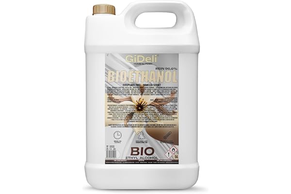 GiDeli Bioéthanol 5 l Parfum vanille 96,6 % éthanol pour cheminée intérieure et extérieure Sans fumée ni suie Fabriqué à partir de maïs et de betteraves sucrières