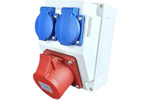 RoadEu Toma mural combi - Toma mural CEE 16A - 2x Schuko 230V - Distribuidor de corriente IP44 - Distribuidor de corriente 16A para construcción interior y exterior