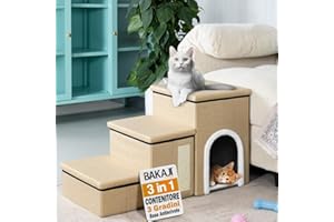 BAKAJI Escaliers pour Chiens et Chats 3 en 1 Pliable en Polyester Beige, échelle pour Animaux domestiques, Multifonction, échelle de Compartiment de Rangement et de Niche, marches ergonomiques, Fond
