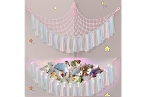 Lunriwis Teddy Hammock with LED Light, Boho Decor Plush Toy Storage Net, Teddy Bear Soft Toy Storage, Hand Woven Plush Macrame Toy Hammock for Stuffed Animals Pale Pink