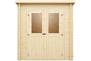 Woodtex Holz Gerätehaus Mini 1 A | Gartenhaus | Wandstärke 28 mm | Naturbelassen | Pultdach | B x T x H: 198 x 118 x 204,4 cm | Inkl. Doppelflügeltür Mit Echtglas | Ohne Fußboden