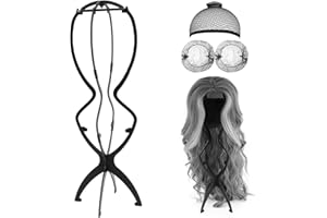 MHDUYEG Supporto per Parrucche, 1x Testa di Parrucca con 1x Rete per Parrucche e 2x Rete di Stoccaggio, Supporto per Parrucche, Portatile, 50 cm di Altezza, Altezza Regolabile, Altezza Regolabile - Nero