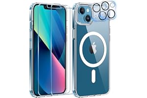 YisrLery 5 in 1 Coque pour iPhone 13 Aimantée avec 2 Verres Trempés et 2 Caméra Protecteur, Compatible MagSafe Dos Anti Rayures Coque Magnétique Antichoc TPU Bumper 6,1’’ Case (Transparent)