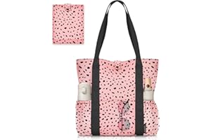 HOMESPON Foldable Beach Tote Bag for Women with zip and Pockets Large Waterproof Handbag for Travel Pool Shopping Holiday Gym(Pink Dots)