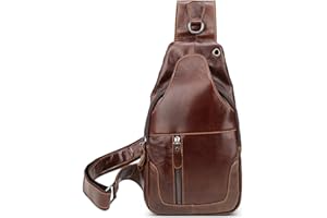 DEEVORCA Vintage Uomo Zaino Monospalla Leggero Vera Pelle Borsa sul Pettocon Foro per Gli Auricolari Borsa a Tracolla Viaggio Quotidiano Shopping Casuale Uomo Sacchetto del Messaggero Marrone