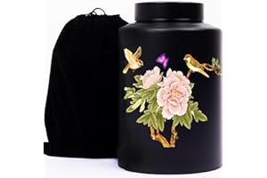 BOBODE Black Cremation Memorial Urn Large Decorative Hummingbird Urn Funeral Human Ashes urn,Cemetery Burial or Niche with Black Velvet Bag