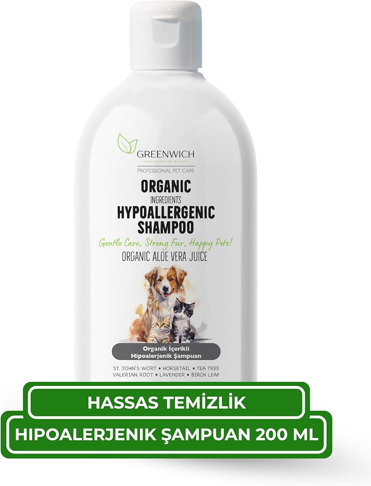 Greenwich Hassas Bakım Kedi ve Köpek Şampuanı 200 ml –%99,74 Organik İçerikli Vegan Şampuan | Hassas Ciltler İçin Nazik Temizlik ve Günlük Bakım Desteği