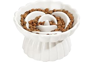 IDOGCHEW Gamelle Anti Glouton Chat Céramique Surélevée, Bol Chat Fleur Anti Vomissement pour Alimentation Lente (Blanc)