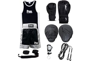 PSS Ensemble Boxe Enfants 3-14 Ans 6 Pièces Short & Débardeur + Gants Boxe Enfants 6Oz + 2 Pattes d’Ours + Accessoires Ensemble Boxe Enfant Muay Thai Kickboxing Boxe Anglaise Française Noir