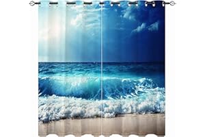 YUANZU Beach Curtains, Ocean Theme Tropical Summer Hawaiian Blue Sea Waves Scenery Pattern Eyelet Thermal Insulated Blackout 3D Print Window Drapes for Bedroom Living Room 2 Panels W168cm x D137cm