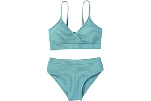 NAIYAFLY Girl's 2 Piece Swimsuit Solid Spaghetti Ribbed Bikini Sets Crop Top Brazilian High Waisted Beach Bathing Suit Swimwear for Teen Kids 8 9 10 11 12 13 14 Years