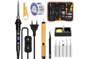 CHANEEHANN Soldador de estaño 80W Kit 13 en 1, Pantalla LED Temperatura Ajustable 180-500℃, Interruptor On/Off, 5 Puntas, Hilo de Soldadura Bomba Desoldadora Soporte Pinzas para Reparaciones Eléctricas y Hogar