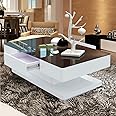 TUKAILAi High Gloss Coffee Table with 2 Drawers Storage Space 8mm Tempered Glass Top Table for Living Room Furniture Reception Waiting Area Table White and Black