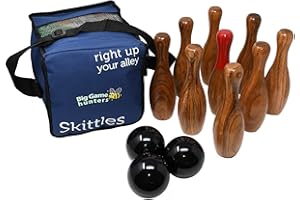 Big Game Hunters Wooden Skittles Premium Set - 9 Pin Polished Hardwood Lawn Bowling Game with Carry Bag (23cm High) - Wooden Garden Skittles for Adults and Kids