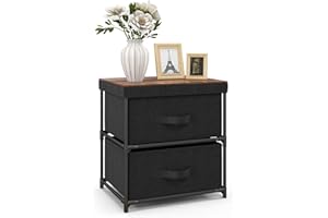 CASART Chest of Drawers, 2/3 Drawers Fabric Storage Cabinet with Wooden Top, Metal Frame Dresser Organizer for Bedroom Living Room Hallway Office (Black, 2-Drawer)