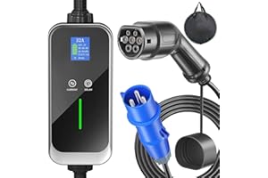 FNRIDS Cable de Cargador EV portátil, Cargador de Coche eléctrico Tipo 2 Enchufe CEE, 16 A/20 A/24 A/32 A conmutable con Pantalla Digital, IEC 62196-2, Carga temporizada, 5 Metros con Bolso