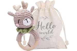 Youuys Giocattolo Sonaglio Neonati in Legno, Con Suono, Massaggiagengive All'uncinetto, Giochini Dentizione Neonati, Animali Morbidi Giocattoli, Regalo per Neonati Bambini (Alce)